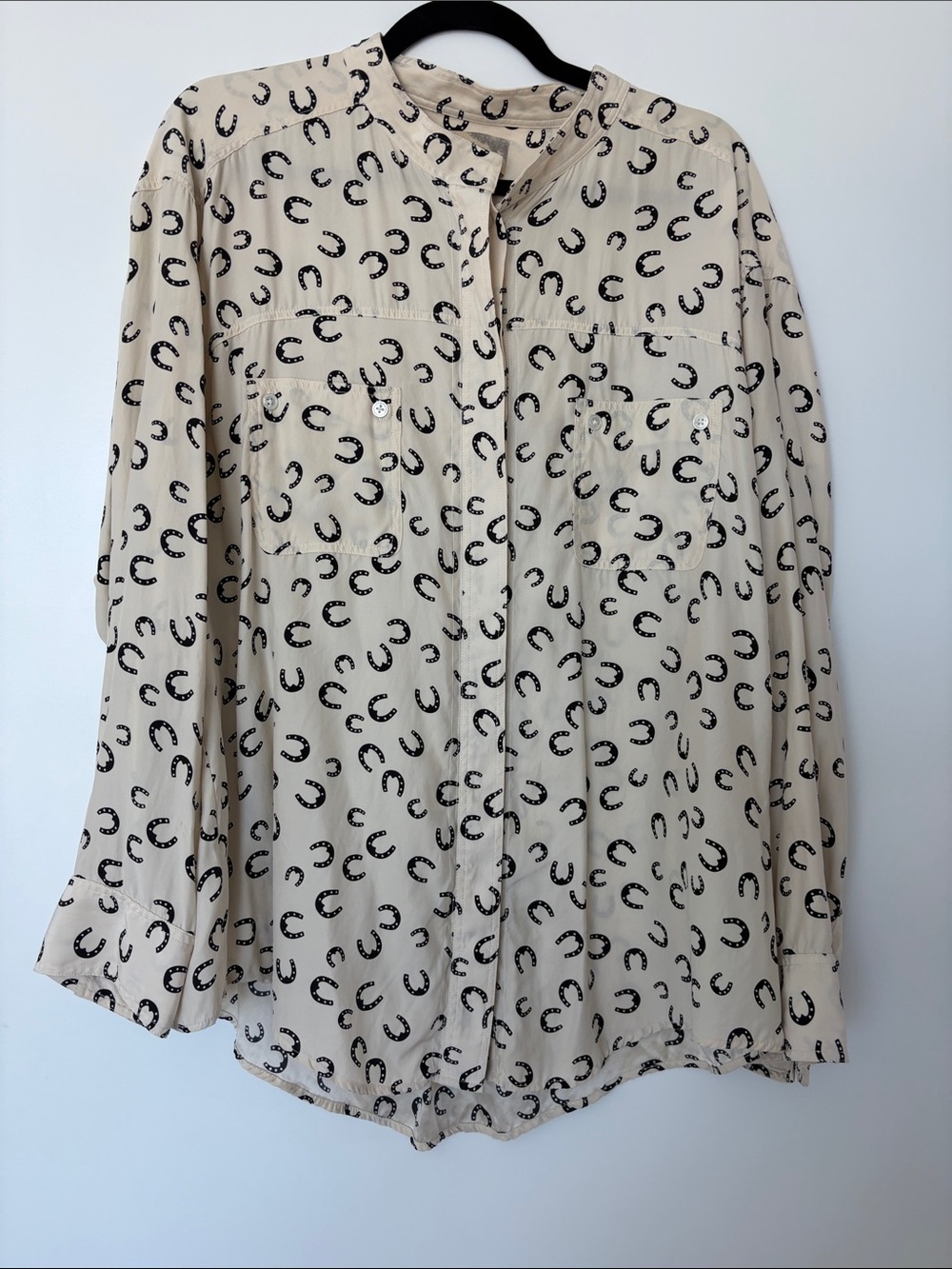 Elizabeth & James 100% silk horseshoe print blouse button down shirt L
